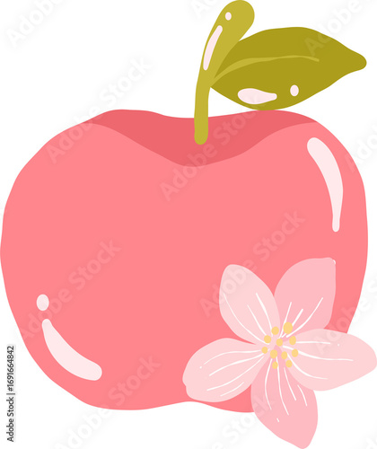 Pink Apple Clipart with Blossom, Cute Fruit Illustration, Pastel Harvest Apple Graphic, Spring Garden Floral Fruit Design