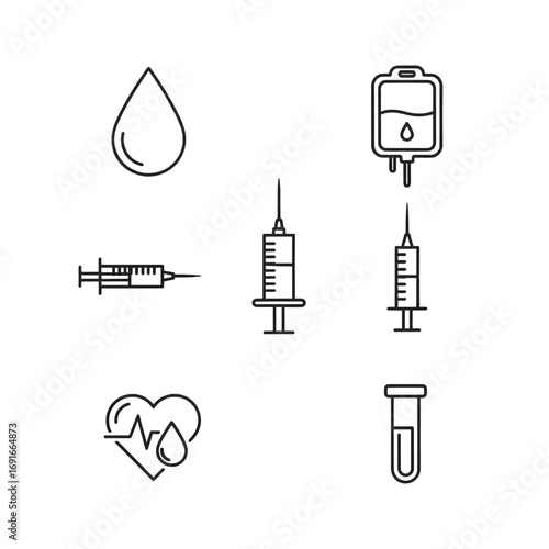 A collection of medical and healthcare line icons including blood drops, syringes, an IV bag, a heart with an ECG, and a test tube.
