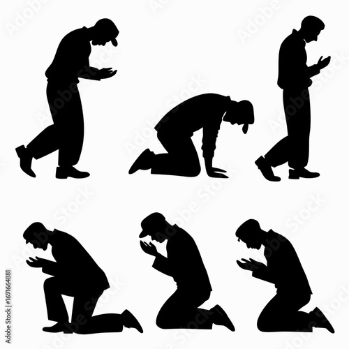 Silhouette of muslim man praying in different positions on
