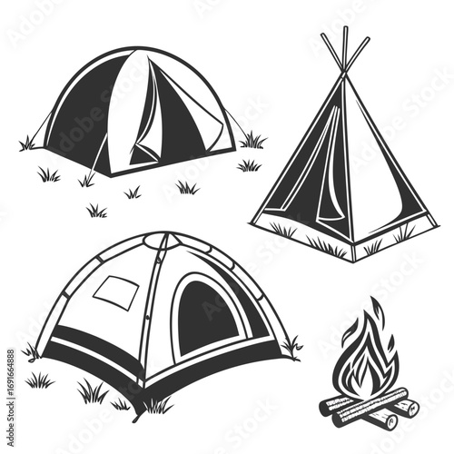 Camping tent and bonfire in vector format