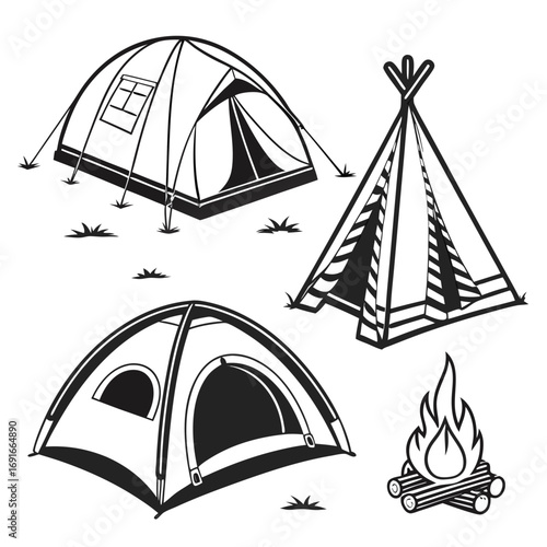 Camping tent and bonfire in vector drawing