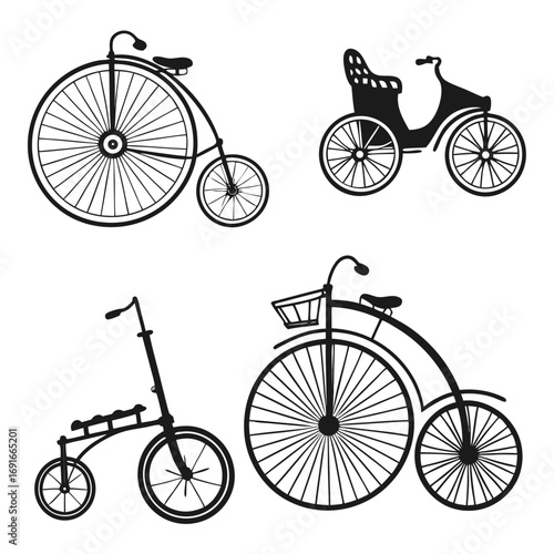 Set of vintage bicycles in black silhouette