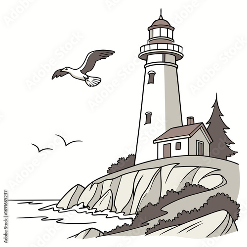 Illustration of a lighthouse on a cliff with a seagull