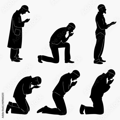 Silhouette of muslim man praying in different positions