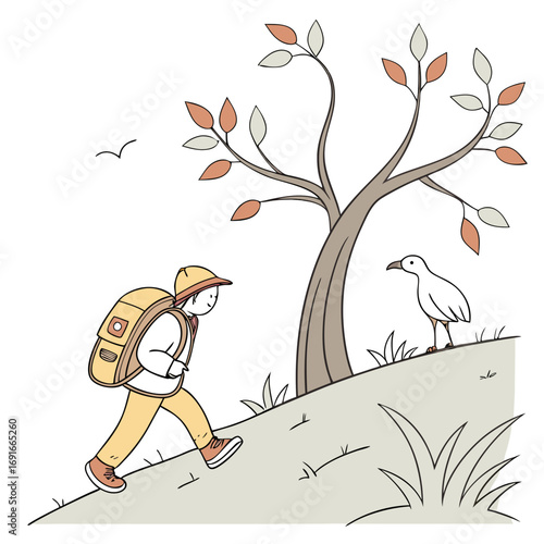 Illustration of a boy hiking up a hill with a bird