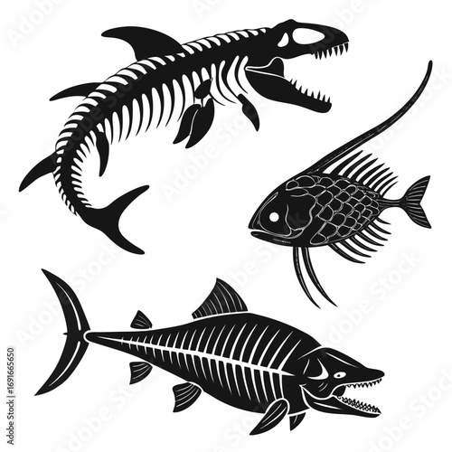 Set of various fish skeletons in black color