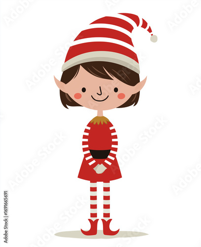 Illustration of a christmas elf with red and white striped hat and suit