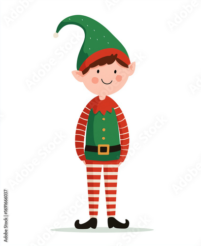 Illustration of a christmas elf wearing a green hat and striped outfit