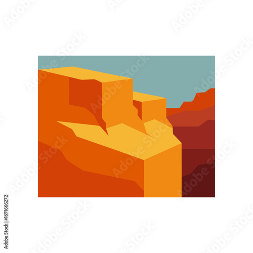 Vibrant abstract geometric illustration of layered orange and red sandstone canyon formations under a clear pale blue sky