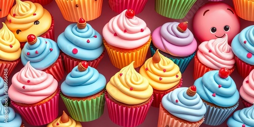 Whimsical cartoon cupcakes in vibrant colors form a repeating seamless pattern,  backdrop,  background
