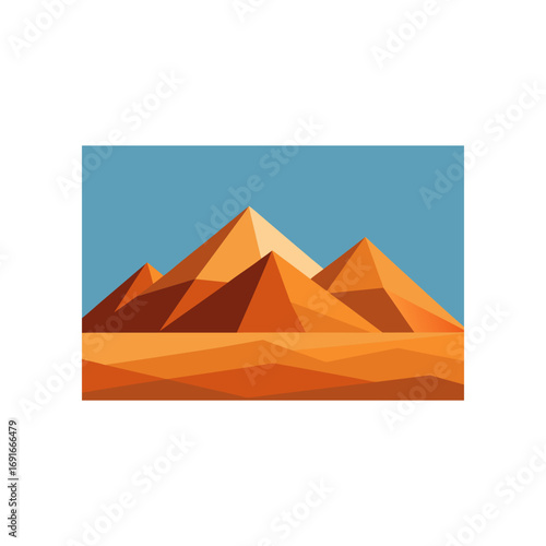 Geometric low poly illustration of the egyptian pyramids and desert landscape under a clear blue sky