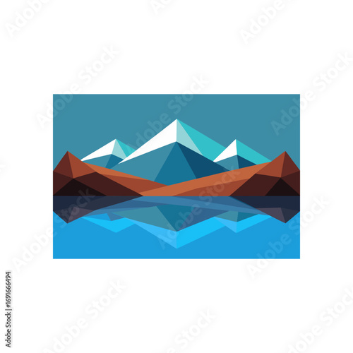 Geometric low poly mountain range with snow caps reflected in a calm blue lake under a clear sky in a stylized landscape illustration