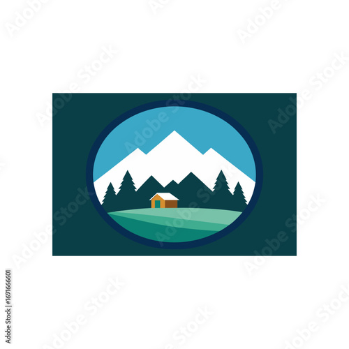 Stylized minimalist illustration of a cozy wooden cabin nestled in a serene mountain landscape with snow capped peaks and evergreen trees within a circular frame