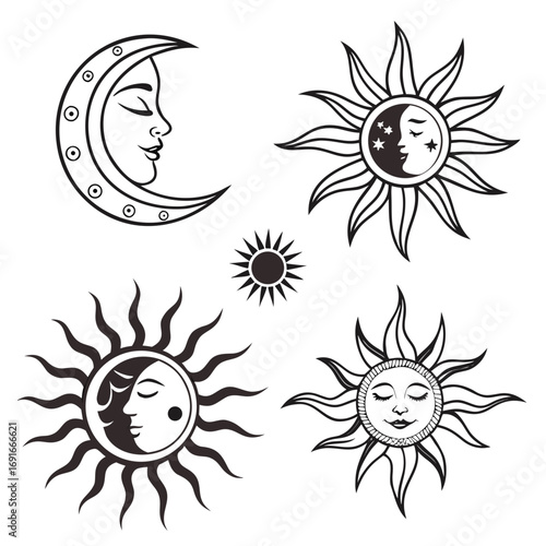 Sun and moon celestial bodies, vector illustration