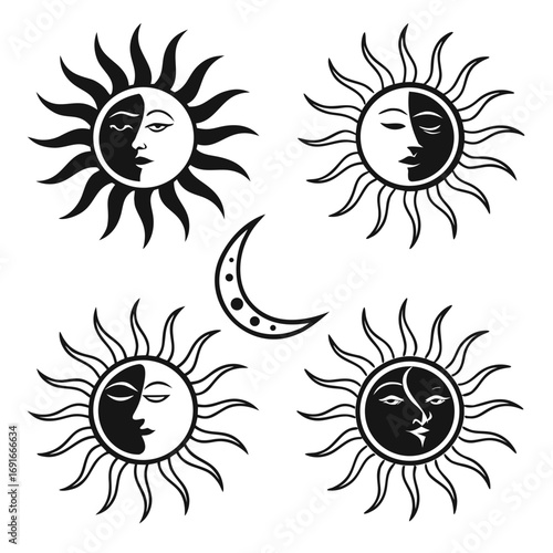 Sun and moon faces in black and white art