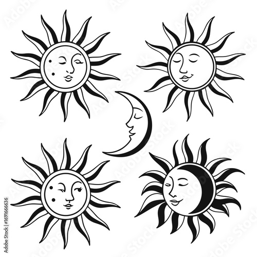 Sun and moon faces in black and white style