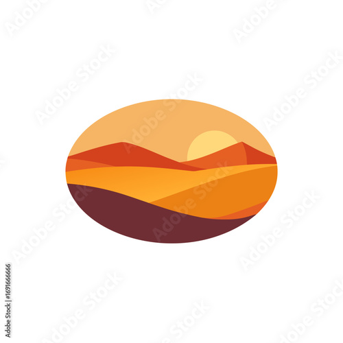 Stylized desert landscape with rolling dunes and a setting sun in warm orange and red tones within an oval frame