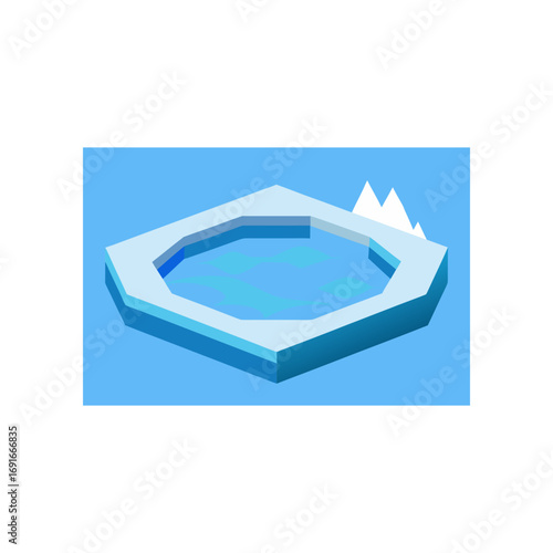 Stylized isometric illustration of a hexagonal ice floe with a pool of blue water and snowy mountain peaks in the background on a clear blue sky