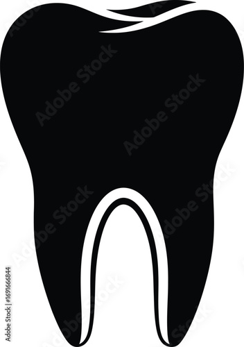 Stylized silhouette of a human tooth showing internal structure and root system silhouette