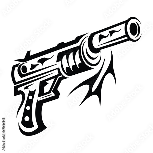 Ray Gun Isolated, Side View Futuristic Blaster Design on White Background