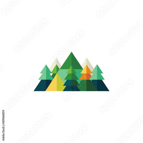 Abstract geometric forest landscape with stylized evergreen trees in various shades of green yellow and orange against a clean white background
