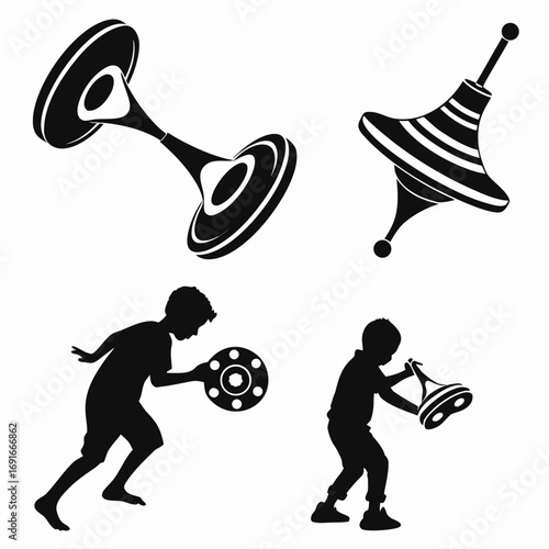Silhouette of children playing with spinning tops