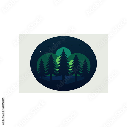 Serene minimalist night scene featuring silhouetted evergreen trees against a glowing moon and starry sky within an oval frame