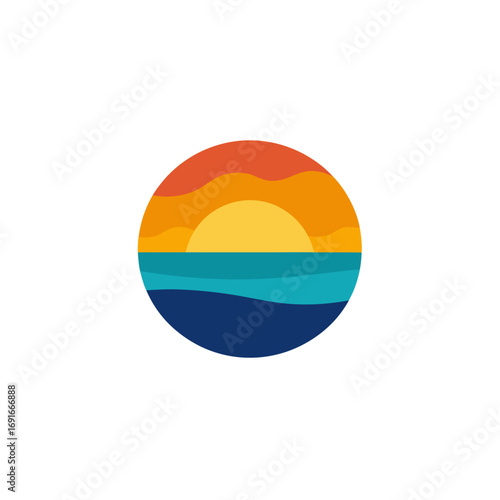 Stylized circular graphic depicting a vibrant sunset over calm ocean waves with warm orange and yellow hues blending into deep blue water