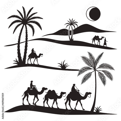 Desert landscape with caravan for design use