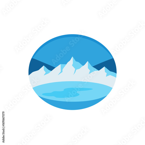 Stylized illustration of majestic snow capped mountains reflected in a calm icy blue lake within a circular frame
