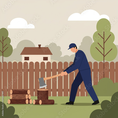 A man chopping wood in front of a house in his backyard. The scene depicts a man focused on splitting logs with an ax. He wears blue overall and a cap, and the environment includes trees, a fence.