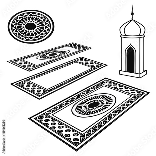 Islamic prayer mat and mosque in vector design
