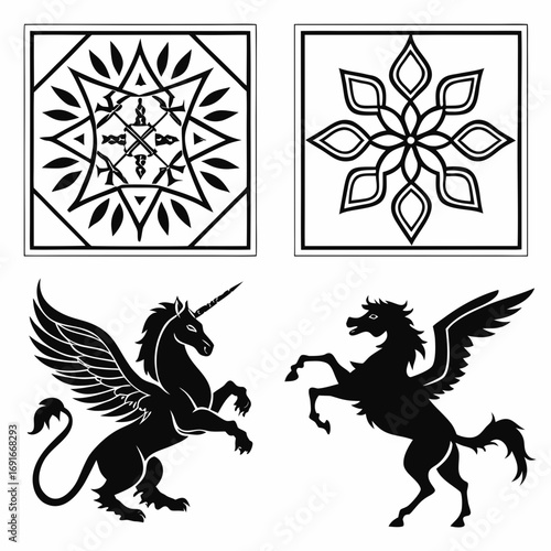 Unicorn and pegasus in decorative frames