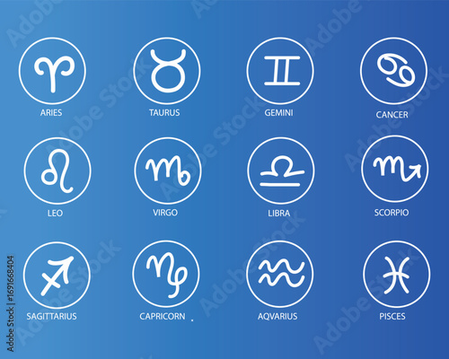 Minimalist white zodiac signs icons set on blue gradient background. Perfect for astrology, horoscope apps, and spiritual design themes