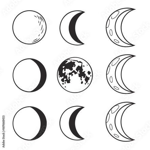 Collection of moon phases in black and white