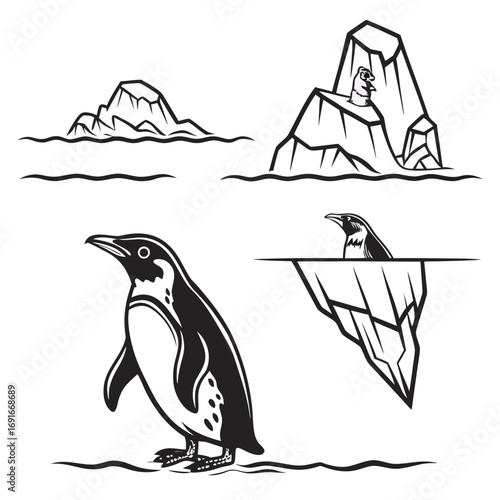 Penguin with iceberg and mountain