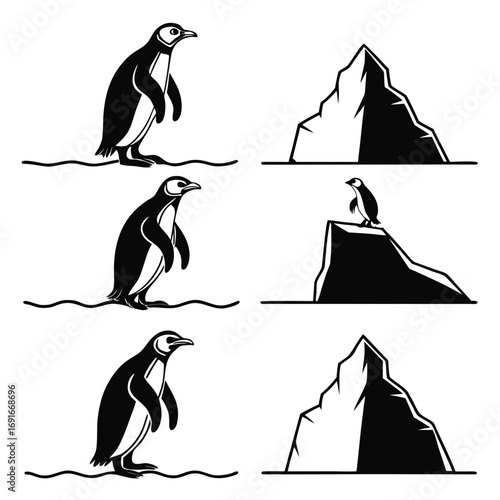 Penguin and iceberg silhouette set for design
