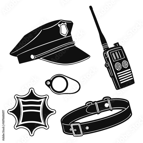 Police equipment silhouette set for design