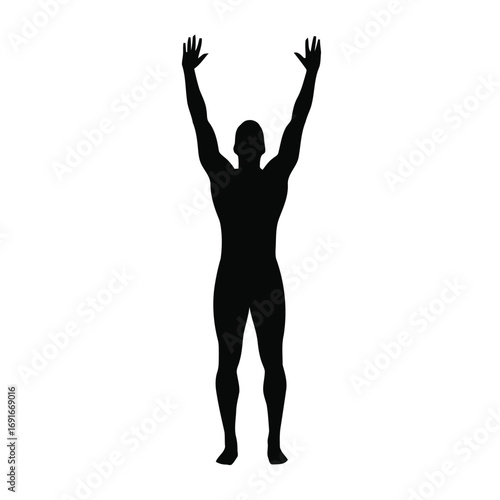Black silhouette of a standing person stretching arms upward
