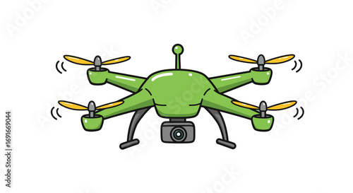 A vibrant green quadcopter drone with spinning propellers and a camera, depicted in a simple cartoon illustration style.