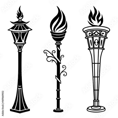 Collection of vintage torch and street lamp vector silhouettes