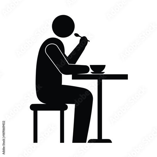 Black vector silhouette of a person eating food at a table