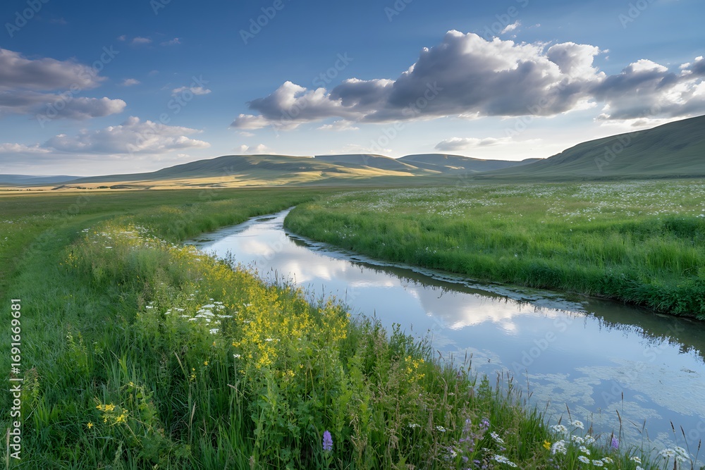 Obraz premium A Serene Winding River Flows Through a Lush Green Meadow Under a Cloudy Sky