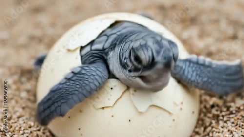 Image is a close-up photograph of a baby sea turtle emerging from its egg. The turtle is positioned in the center, with its head and front flippers protruding from the cracked shell. The turtle's skin