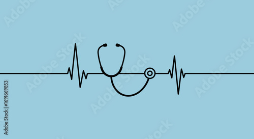 A minimalist graphic of a stethoscope integrated into a heartbeat EKG line on a light blue background, symbolizing medicine and healthcare.