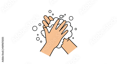 A simple vector illustration of two hands being washed with soap, creating lather and bubbles to promote good hygiene.