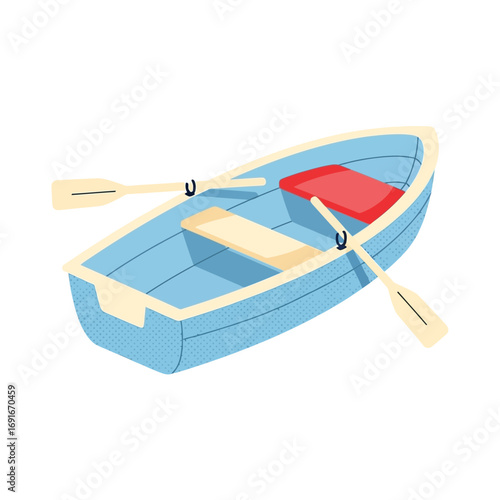 Blue wooden rowboat with two oars, representing a ship's tender or landing craft for a Columbus Day expedition.