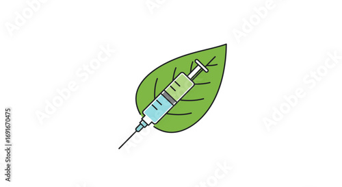 An illustration of a syringe on a green leaf, symbolizing biotechnology, genetic modification, and plant-based medicine.