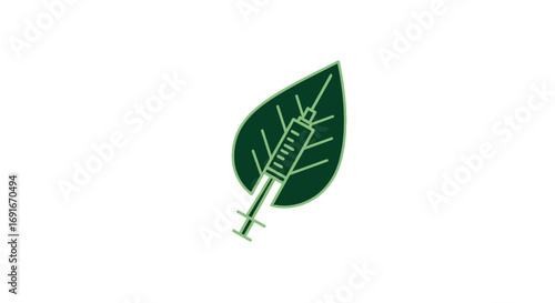 A green leaf icon with an integrated syringe, symbolizing biotechnology, natural medicine, and genetic modification.