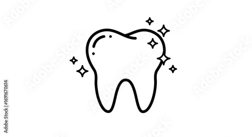 Simple line art icon of a clean, sparkling tooth, symbolizing dentistry, oral health, and hygiene.